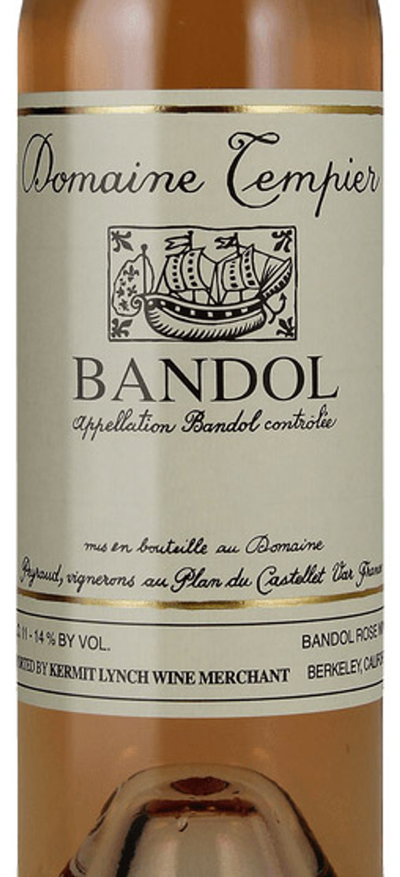 Close-up of Domaine Tempier Bandol wine label featuring a classic ship illustration and elegant black and gold text.