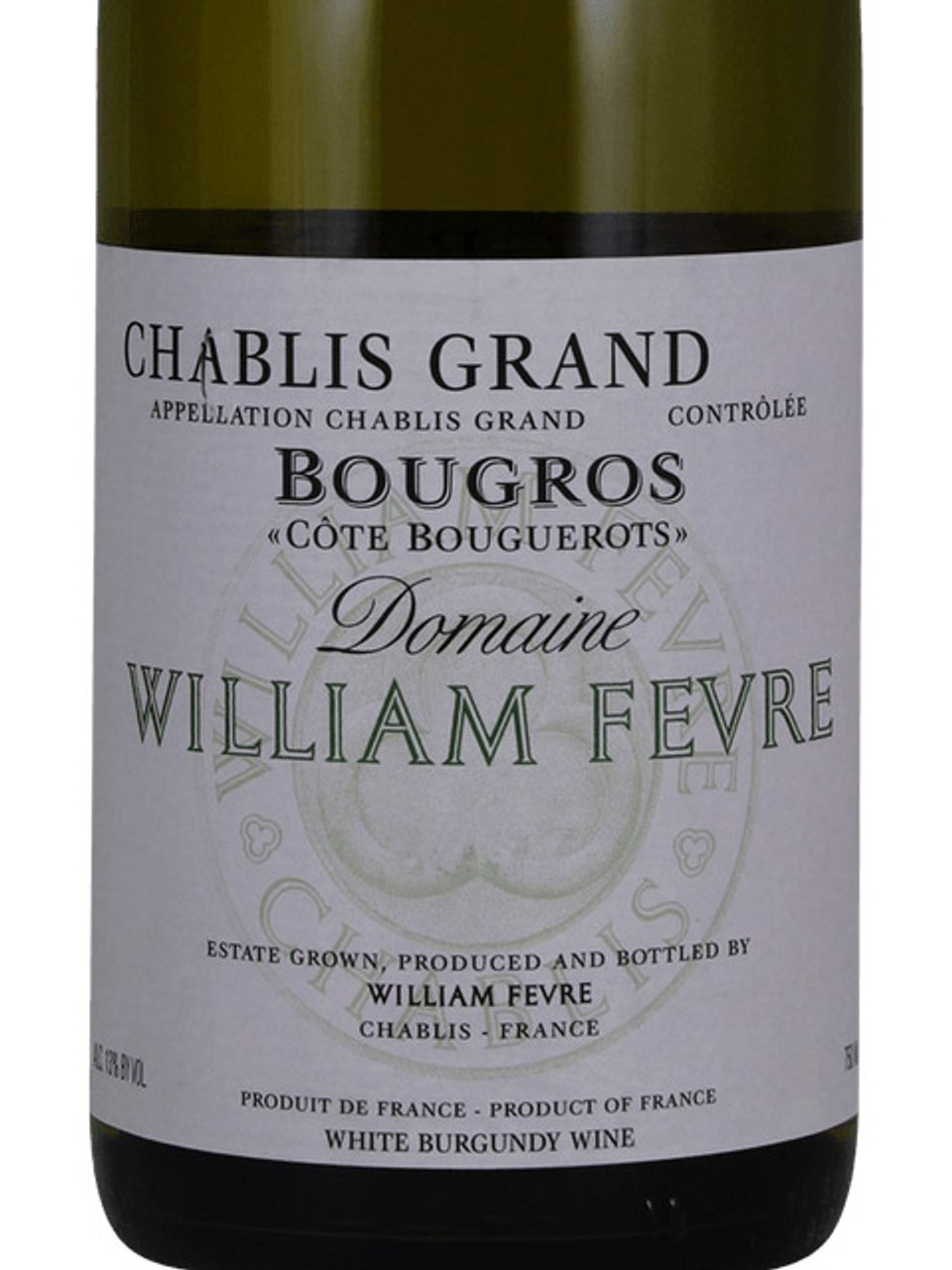 Bottle of Fevre William Chablis Bougros Grand Cru 2022, a premium French white wine with elegant minerality.