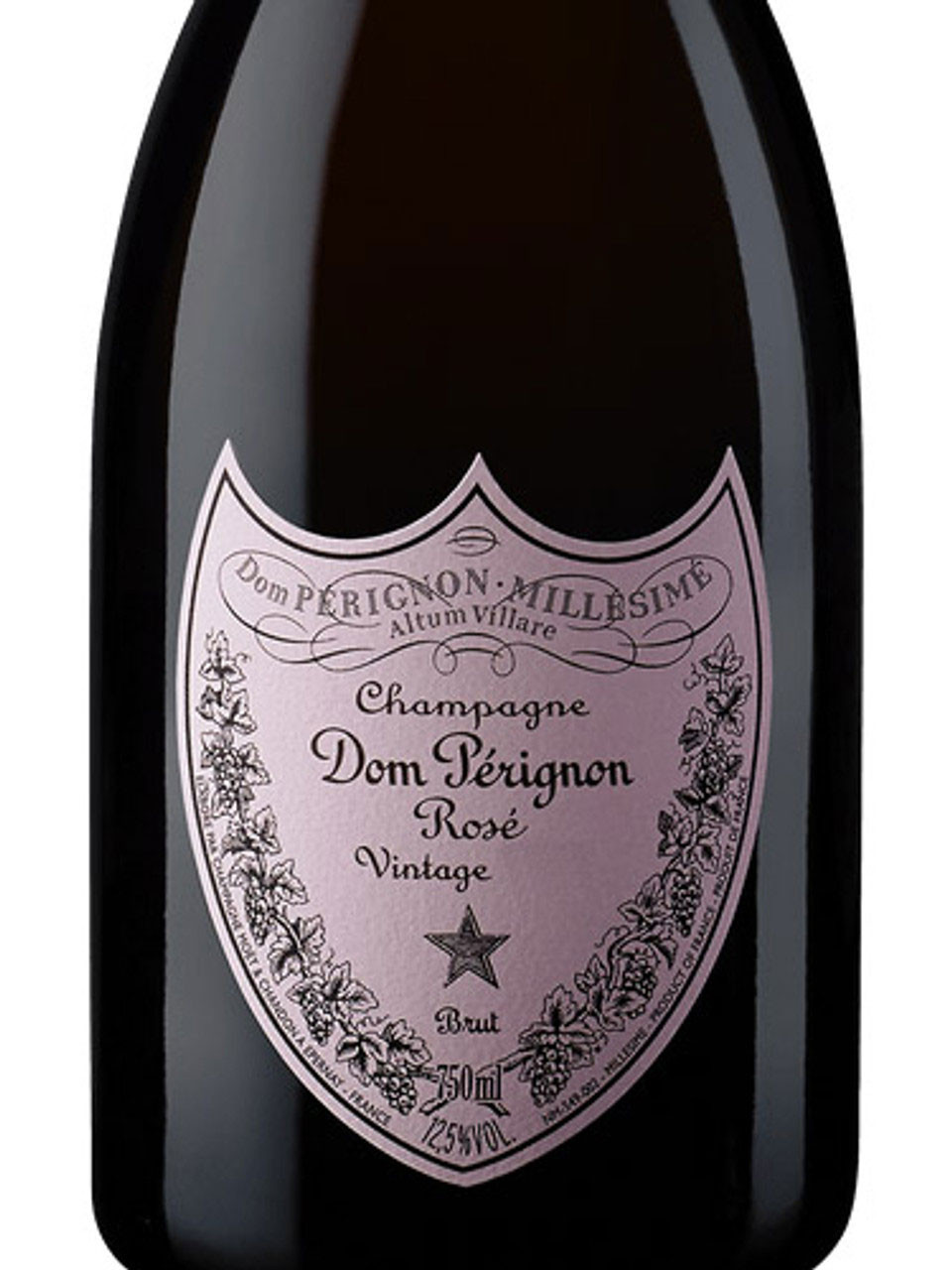 Bottle of Dom Pérignon Rosé Vintage champagne with pink label and star emblem.