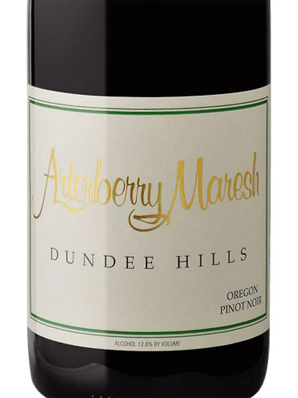 Close-up of a bottle of Arterberry Maresh Pinot Noir from Dundee Hills, Oregon, with gold and green label.