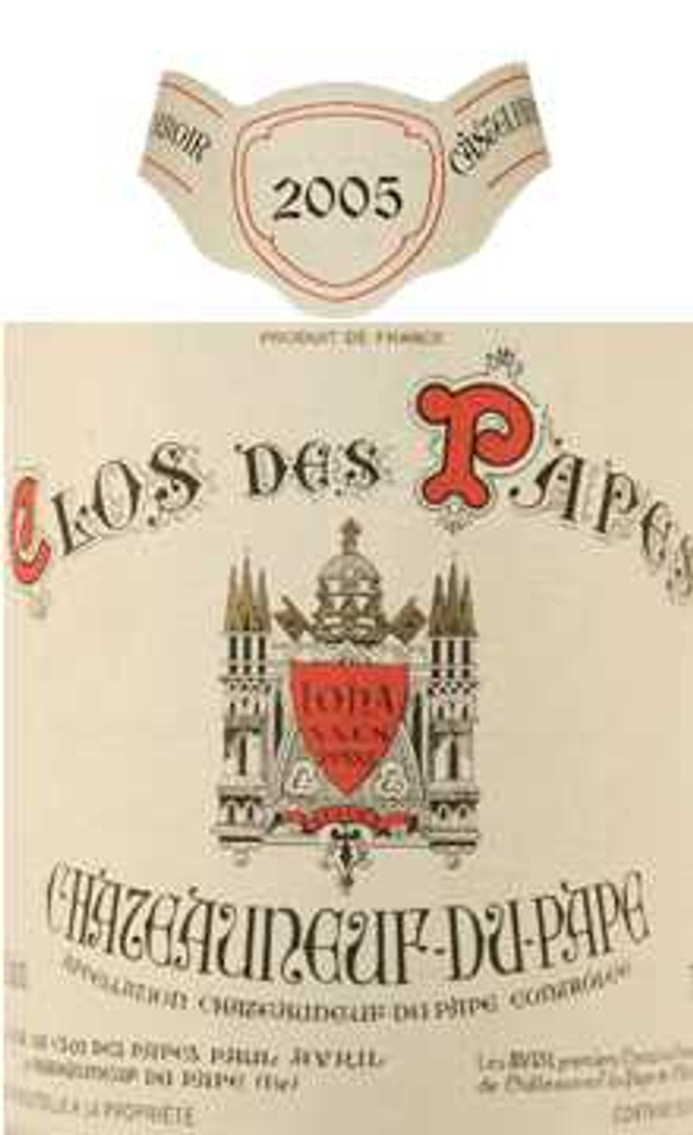 2005 Clos des Papes Châteauneuf-du-Pape bottle with iconic crest label, reflecting Rhône Valley’s rich winemaking heritage.