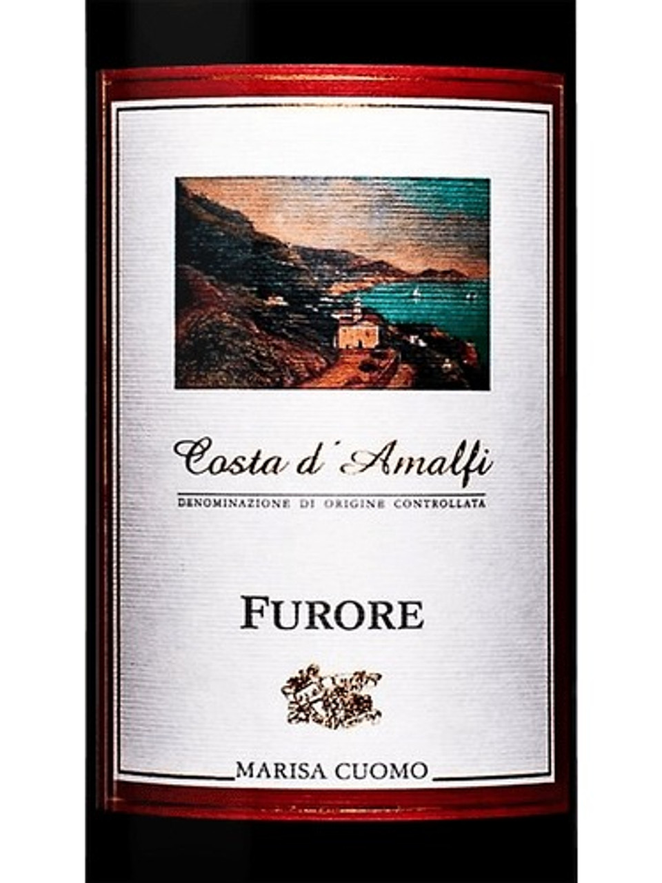 Close-up of the Marisa Cuomo Costa d'Amalfi Furore Rosso 2023 wine bottle label featuring a coastal scene with a lighthouse.
