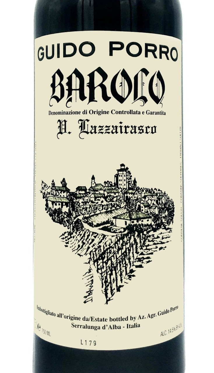 Guido Porro Barolo V. Lazzairasco bottle label with vineyard illustration from Serralunga d’Alba, Piedmont.