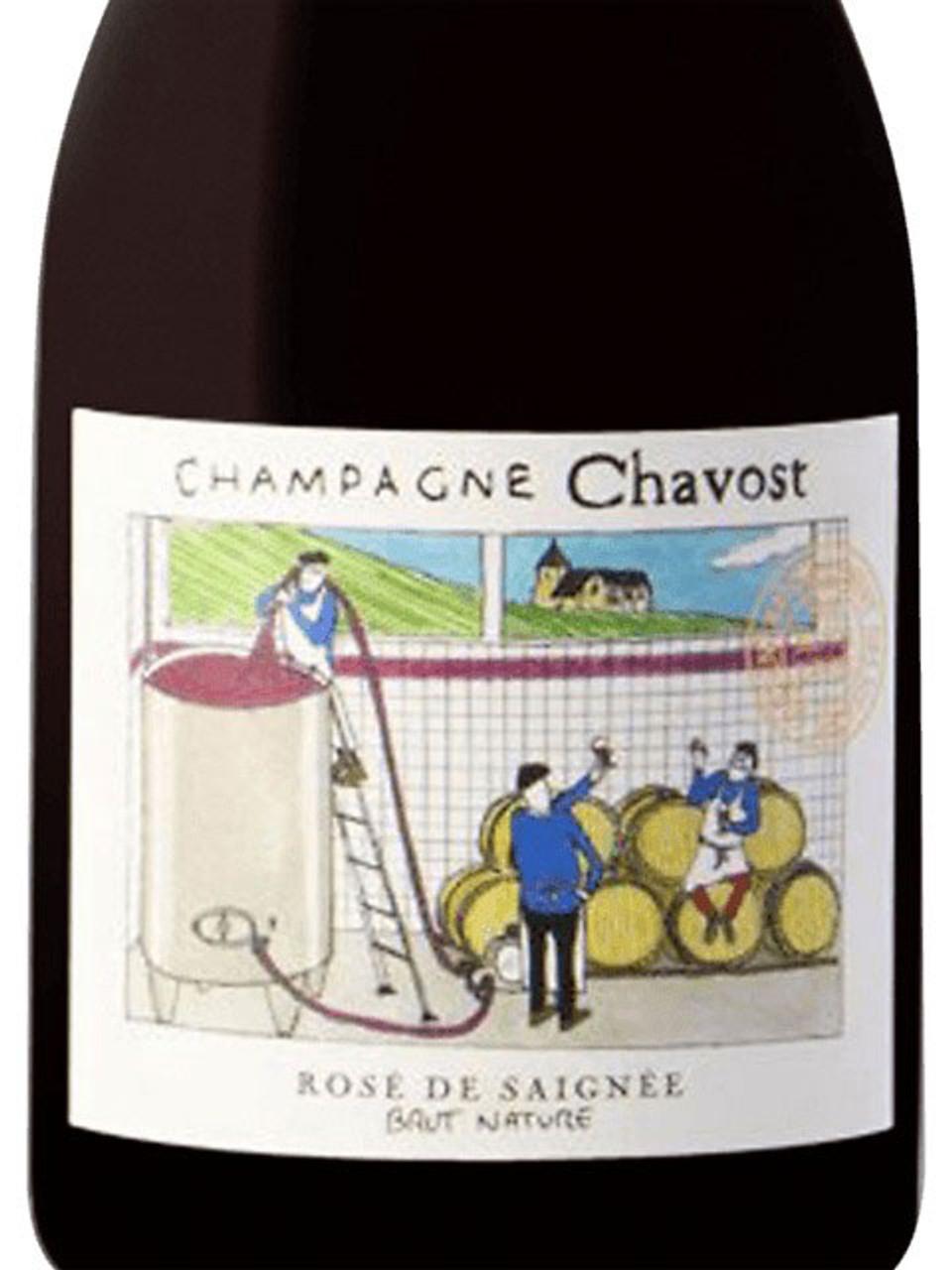 Close-up of Champagne Chavost Rosé de Saignée Brut Nature bottle label, featuring an illustration of winemaking and barrels.