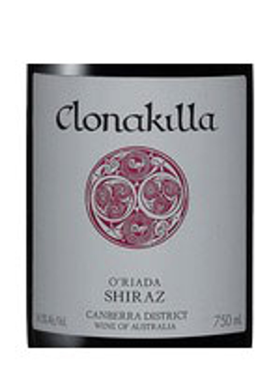 Label of Clonakilla Shiraz Canberra District O'Riada 2022, showcasing a red circular emblem on a white background.