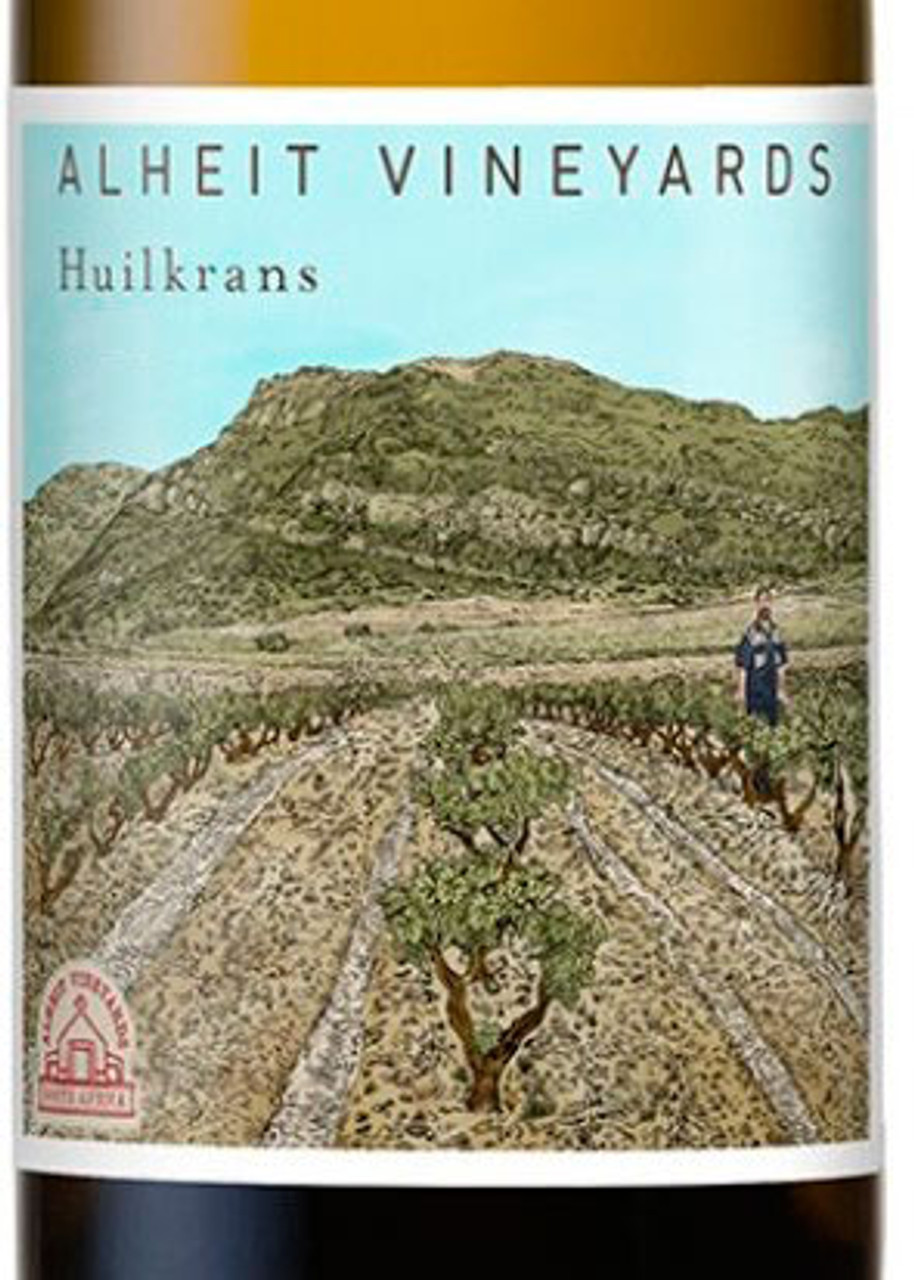 Alheit Vineyards Huilkrans Chenin Blanc label showing bush vine rows against Citrusdal Mountain backdrop in South Africa.