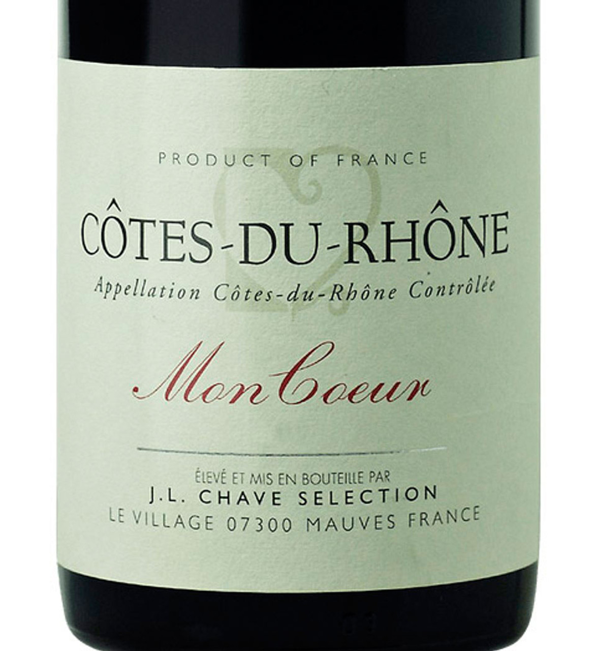 A bottle of Chave J.L. Selection Côtes du Rhône Mon Coeur 2023, a flavorful red blend from the Southern Rhône.