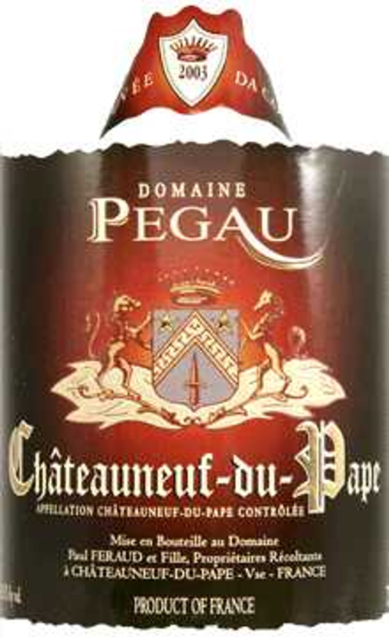 A bottle of Pegau Châteauneuf-du-Pape Cuvée Da Capo 2003, showcasing the rich red wine from the Rhône Valley.