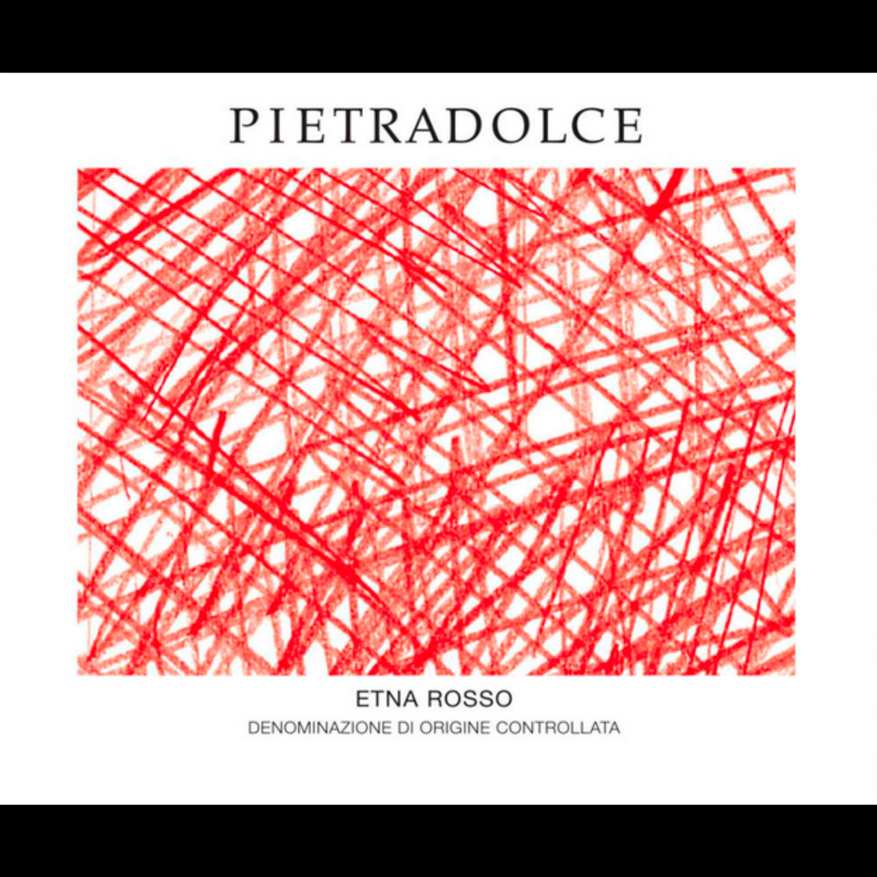 Close-up of the Pietradolce Etna Rosso 2022 wine bottle label featuring abstract red scribbles.