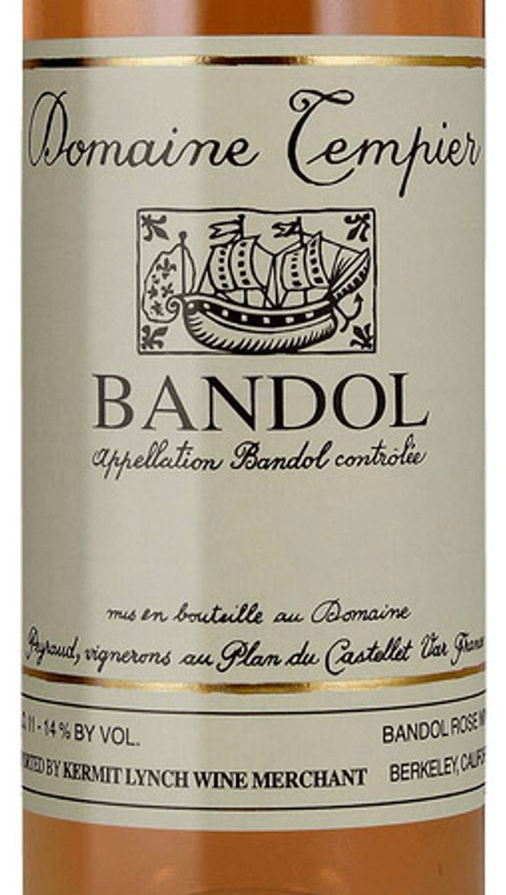 Close-up of the Domaine Tempier Bandol Rosé bottle label featuring a ship illustration and elegant script.