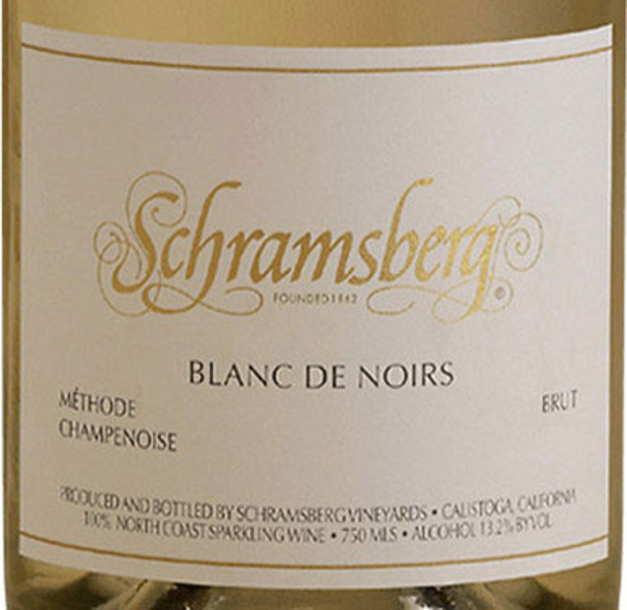 Close-up of Schramsberg Blanc de Noirs Brut bottle label, featuring