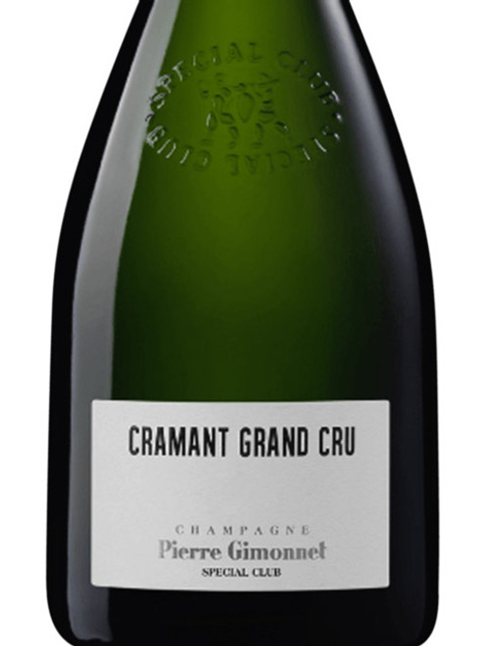 Close-up of Pierre Gimonnet Cramant Grand Cru Champagne bottle label, showcasing Special Club and Cramant Grand Cru