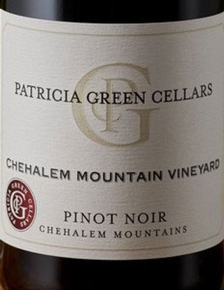 Close-up of Patricia Green Cellars Pinot Noir from Chehalem Mountain Vineyard, featuring a beige label with gold and red details.