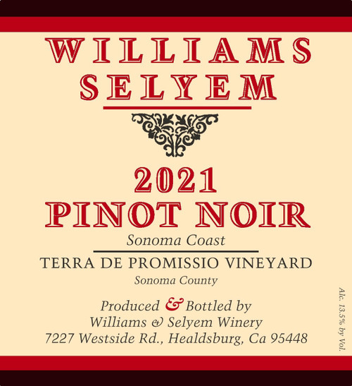 Williams Selyem Pinot Noir Sonoma Coast Terra de Promissio Vyd 2021 Williams Selyem Pinot Noir Sonoma Coast Terra de Promissio Vyd 2021