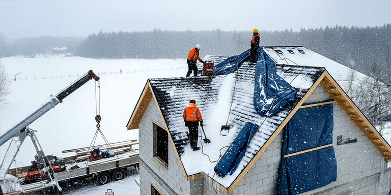 construction workers working on a snowy house rooftop