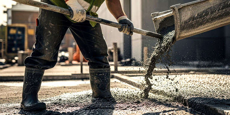 worker in rubber boots pouring concrete