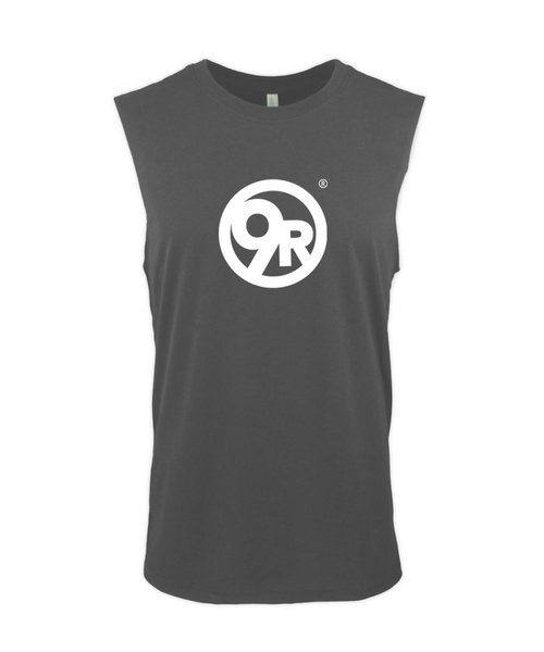 A grey muscle tank top with a white 9Round circle logo on the front center