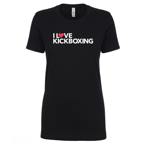A black t-shirt with a white I Love Kickboxing logo on front