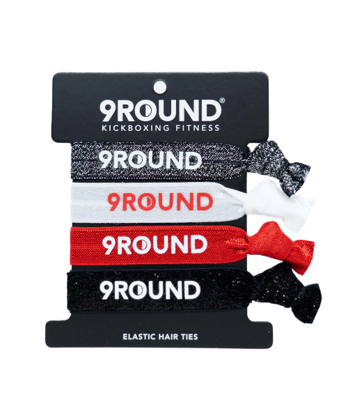 A pack of multi-colored 9Round yoga hair ties