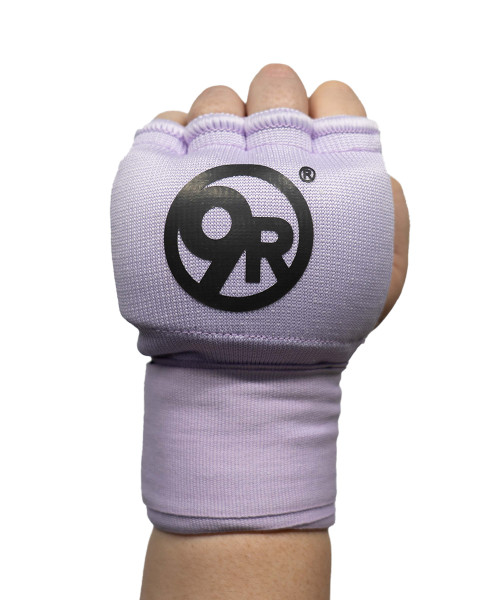 A hand wearing a light purple padded glove with the 9Round logo printed in black on the back.