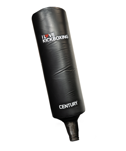 A black standing punching bag with I LOVE KICKBOXING and CENTURY printed on it in white text.