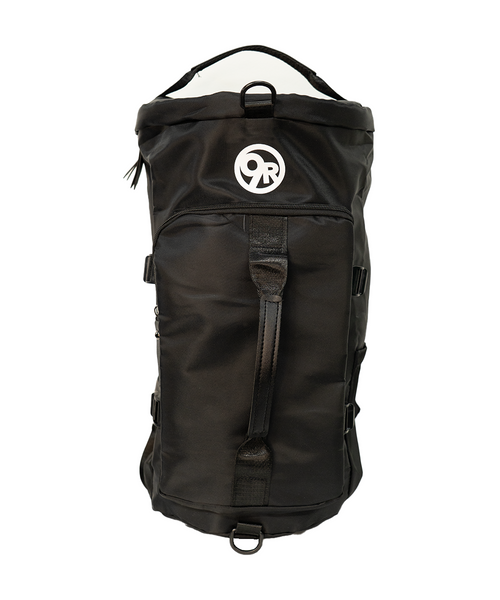 A black duffel bag with a 9R logo printed in white text on the upper front.