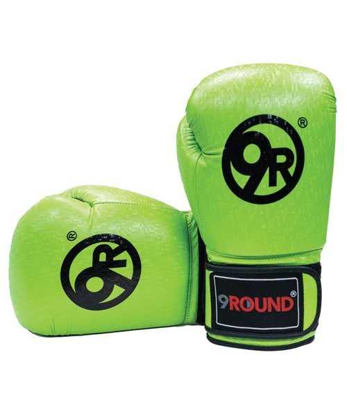 A pair of bright green boxing gloves with black 9Round logos and branding on the front and wrist straps.