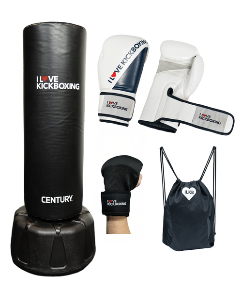 Kickboxing starter set including a standing punching bag, white and black gloves, hand wraps, and a drawstring bag, all branded with I Love Kickboxing logos.