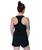 the back of a woman wearing a black racer back tank top. her hair is up in a bun and she has a tattoo on her right arm