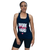 A woman in a navy blue tank top that reads work hard hit hard with a red heart logo for ILKB or iLoveKickboxing