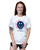 A woman posing in white t-shirts with a navy blue smily face graphic and red text that reads, "Work Hard Hit Hard" and a navy I Love Kickboxing logo. 