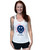 A woman wearing a white tank top that has a navy smiley face design and red text that reads, "Word Hard HIt Hard" around it. There is also a navy blue I Love Kickboxing logo.