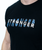 A close up of a black t-shirt with the word stronger in white text and a blue graphic effect around it