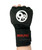 A hand making a fist in the air with a black 9Round speed wrap on, where the white 9Round circle logo on the front and the 9Round patch on the wrist strap is showing