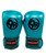 A pair of boxing gloves side by side that are a shiny teal color all over with a black 9Round circle logo on the center of the hand box and a black 9Round patch on the wrist strap.