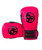 A pair of boxing gloves that are mostly pink with black accents on the thumb and the wrist portion where the strap has a patch with the 9Round logo. There is a black circle logo in the center of the pink on the main glove as well.