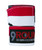 A set of boxing hand wraps rolled up for storage stacked on top of each other with a red and white stripe pattern on them and the 9Round logo on a black patch over the hook and loop closure