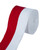 A red and white striped boxing hand wrap roll slightly unrolled