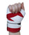 A hand held in the air in a fist with the palm of the hand facing you and wearing a red and white striped boxing hand wrap A hand held in the air in a fist with the palm of the hand facing you and wearing a red and white striped boxing hand wrap