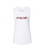 A flat lay image of a white tank top that has a red and grey 9Round logo with a prism pattern on front center