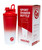 A metal shaker bottle thats red on top and fades into white with a red circle logo in the bottom right-hand side sitting next to a red and white box that reads sport shaker bottle.
