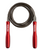 A flat lay image of a jump rope with a black cord and red metal handles with a white 9Round logo