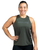 A young adult woman wearing an olive or forest green colored tank top that has a grey 9Round logo on the front center