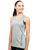 A young adult woman with a grey tank top that has a slightly darker grey 9Round logo on the bottom corner on the right-hand side