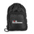 A black drawstring backpack with a front zipper pocket and the I Love Kickboxing logo on the front