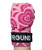 A hand wearing a pink heart-patterned hand wrap with a black wrist strap labeled 9ROUND.