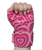 A hand wrapped in pink hand wraps with heart patterns is clenched into a fist against a white background.