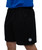 A person wearing a blue shirt and black athletic shorts with a white logo on the lower left leg.