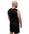 A man with a shaved head is standing and facing away, wearing a sleeveless black athletic shirt and black shorts.