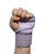 A hand wearing a light purple padded glove is clenched into a fist against a white background.